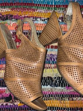 me too Tan Perforated Slingback Block Heel Mules